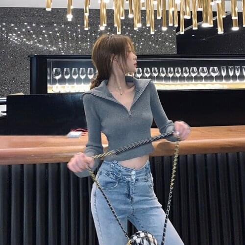 Turtleneck Zipper Front Knitted Ladie Sweater Women Top Solid Basic Cropped Pullover Female Winter Autumn Fashion 2021 Clothing