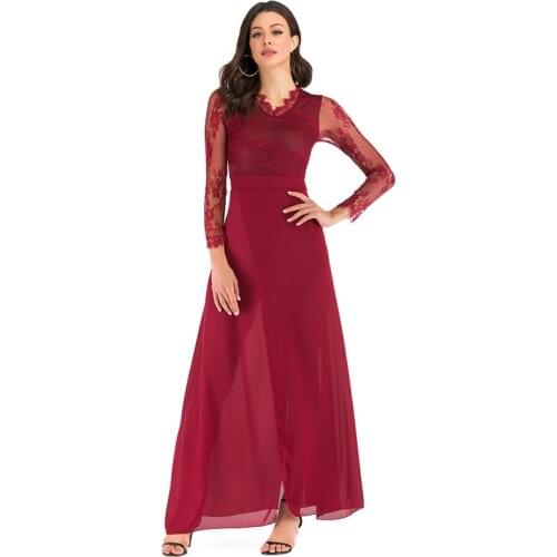 Ladies Elegant Dress V-neck Floral Lace Embroidery Long Maxi Dress Evening Party Gown Patchwork Long Sleeve Red Black Dresses