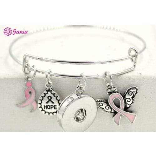 1PC NEW Interchangeable Jewelry Breast Cancer Awareness Hope Pink Ribbon Angel Wing Charms Bracelets For women Snap jewelry