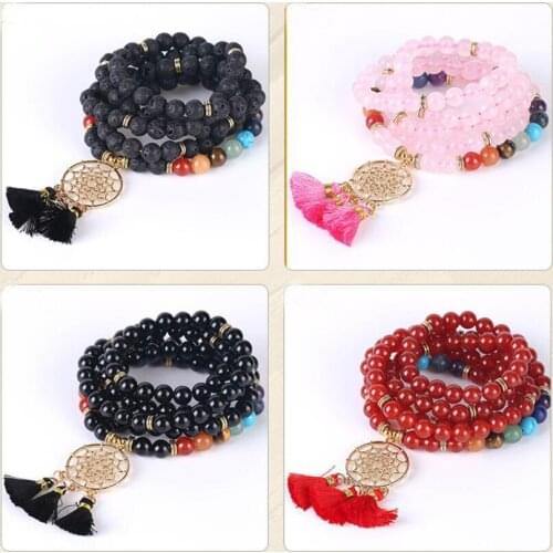 8mm Indian gold-plated dream catcher bracelet 108 rosary bracelet natural crystal stone seven chakra yoga bracelet