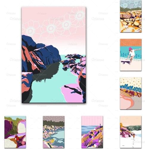 Abstract Beach Kids Room Art - Mid Century Print Colorful Retro Wall Decor - Australian Printable Art Pink Grey Canvas Gift