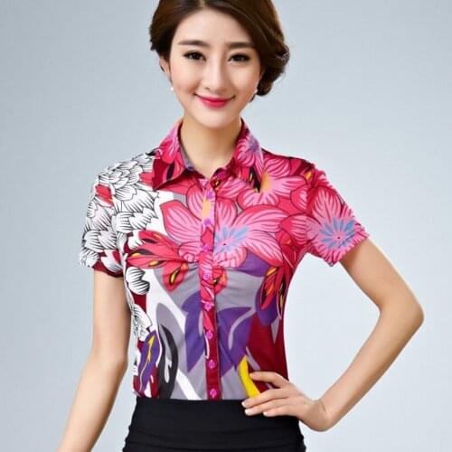 Summer 2017 Womens Printed Floral Pattern Green Short Sleeve Stretch Mesh Blouse Shirt , Slim 4XL Fashion Blouses For Woman