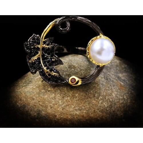 CHARLINLIOL Exquisite Round Freshwater Pearl Rings Antique Black Gold Leaf Vine Engagement Party Vintage Zircon Jewelry