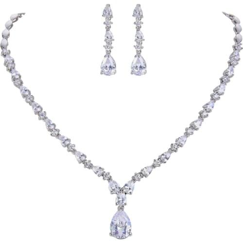 Tuliper Luxury Iced Out Chain Necklace Earrings For Women Teardrop Wedding Jewelry Set Femme Dress Gift