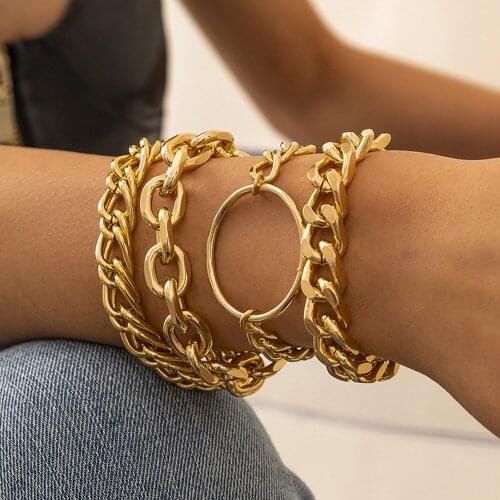 DIEZI 4pcs/set Hip Hop Gold Silver Color Chunky Chain Bracelets Vintage Geometric Circle Charm Bracelet Sets Men New Jewelry