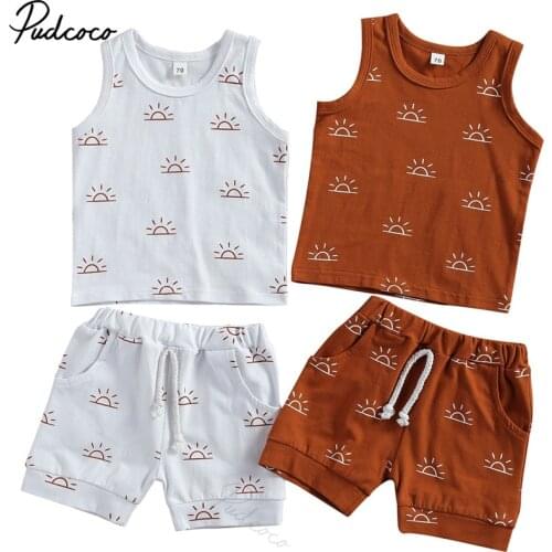 2021 Baby Summer Clothing Newborn Baby 2-piece Outfit Set Fashion Sun Print Tank Top Shirt +Shorts Set for Kids Boys Girls