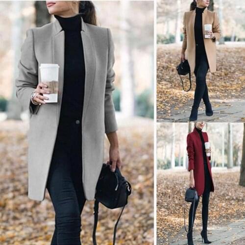 Fashion Women Woolen Coat Office Lady Autumn Solid Color Stand Collar Woolen Long Coat Plus Size Cardigan For Womens Clothings