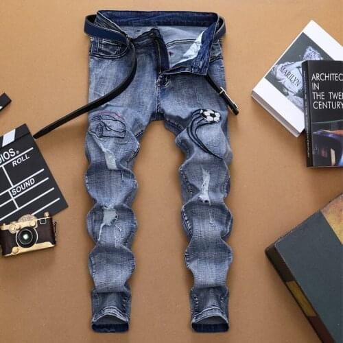 2019 Autumn football embroidery blue jeans men cotton slim homme new denimm trousers ripped full length plus size 29-38 trousers