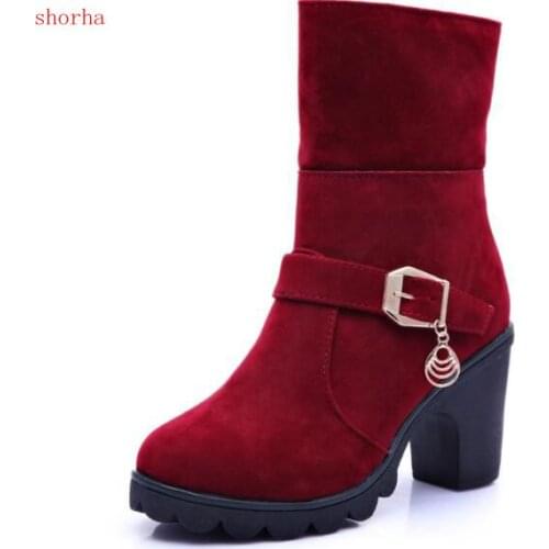 New Women Boots Female Winter Shoes Woman Suede Warm Snow Boots Square Ankle Boots Women High Heels Boots