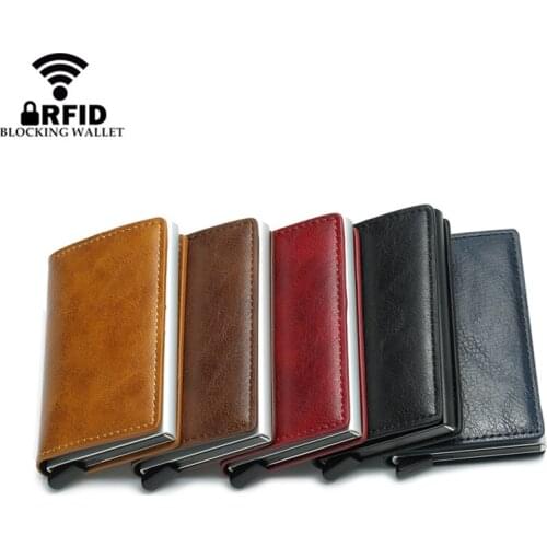 Wholesale New Antitheft Men And Women Credit Card Holder RFID Aluminium Business Card Holder Crazy Horse PU Leather MIni Wallet