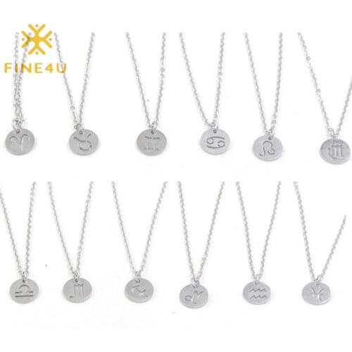 FINE4U N613 12 Constellation Pendant Necklace Round Disc Hollow Zodiac Signs Necklace for Women Girl Birthday Gift