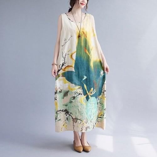 Sleeveless Loose Summer Tank Dress Thin Soft Cotton Linen Print Floral Tie Dye Fashion Women Dress Beach Style Casual Midi Dress