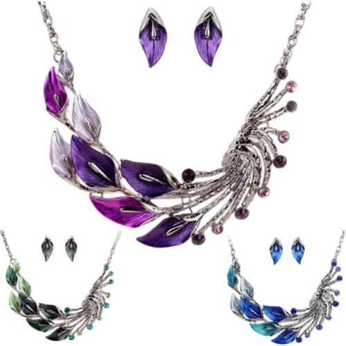 Retro Tibetan Leaf Peacock Crystal Rhinestone Drop Earrings Short Necklace Luxury Women Jewelry Sets Green/Blue/Purple