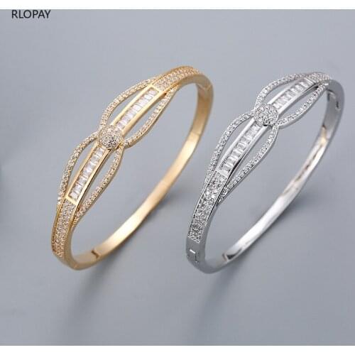 RLOPAY Luxury Big Delicate Cuff Bracelet Cubic Zirconia Copper Geometry Party Wedding Saudi Arabic Dubai Bangle Ring Set