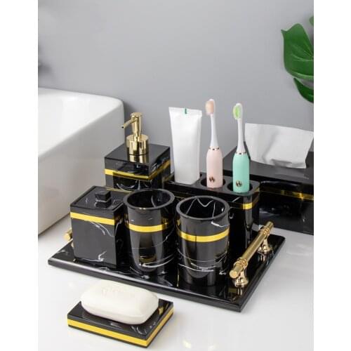Resin Bathroom Set Liquid Soap Dispenser Toothbrush Holder Gargle Cup Tray Cotton Swab/Tissue Box 4-5 Piece Set Nordic Style