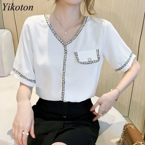 Summer Women Shirt New 2021 Casual V-Neck Sequin Pocket Blouse Shirts Lady Sexy Short Sleeve Chiffon Tops Female Slim Blusas