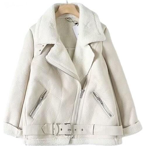 Za Fur Women Jackets Long Sleeve Belt Warm Oversized Lamb Wool PU Coat 2021 Womens Thickened Locomotive Beige Leather Jacket