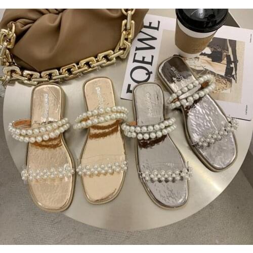 Women Summer Slippers Women Pearl Decoration Slides Women Flat Slippers Women Elegant Party Slides Women Holiday beach shoes