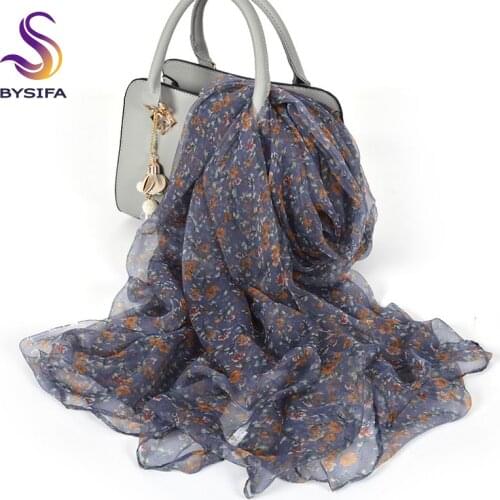 [BYSIFA] New Blue Grey Long Scarves Printed Ladies New Pure Silk Scarf Shawl Spring Autumn Thin Neck Head Scarf Hijab 170*100cm