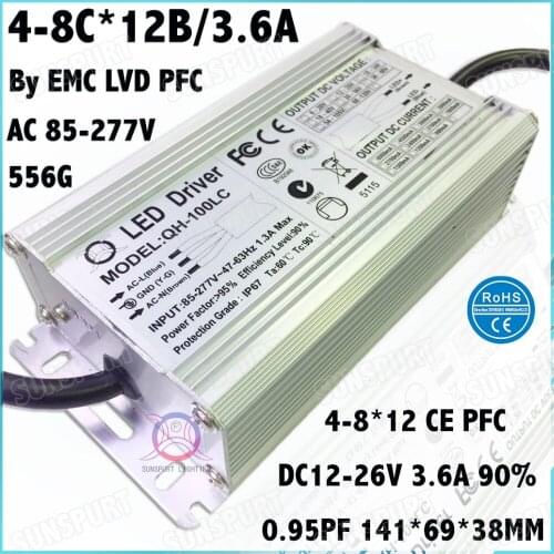 2 Pcs By EMC LVD IP67 100W AC85-277V LED Driver 4-8Cx12B 3600mA DC12-26V Constant Current LED Power For Spotlights Free Shipping