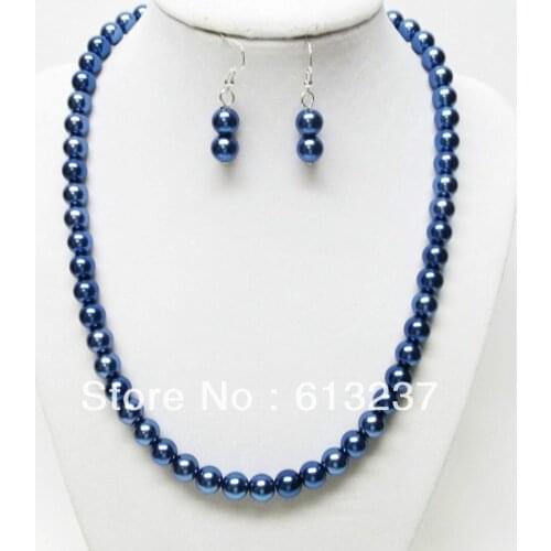 Free shipping diy 8mm blue shell simulated-pearl shell round beads necklaces earrings party gifts jewelry set 18inch YE2007