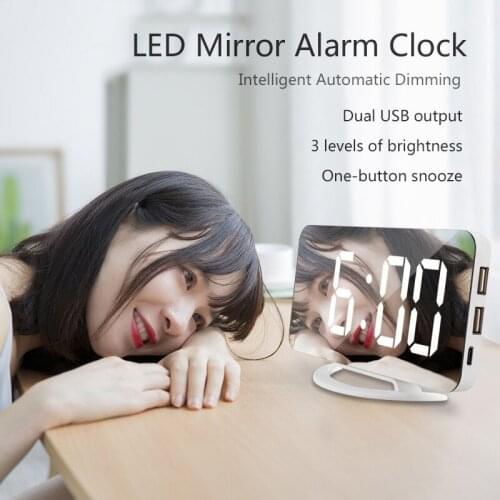TS-8201 LED Mirror Alarm Clock Digital Display Automatic Photosensitive Desktop Alarm Clock USB Output Port Table Clock Dropship