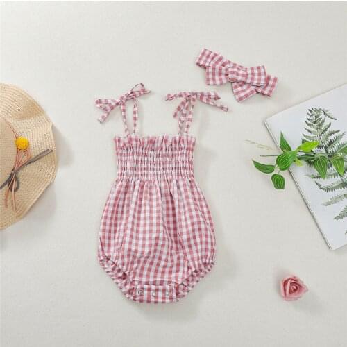 Pudcoco Toddler Baby Girl Clothes Plaid Printing Two-pieces Set, Infant Girls Square Collar Sleeveless Romper + Headband Set