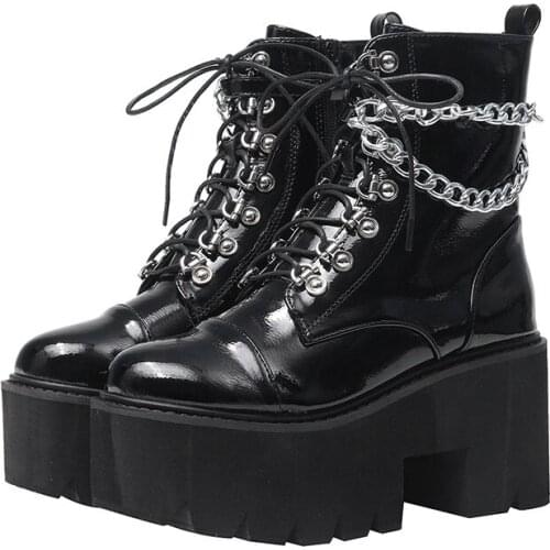 Leather Gothic Motorcycle Boots Women Heel Sexy Chain Chunky Heel Platform Boots Female Punk Style Ankle Boots Zipper High Boots