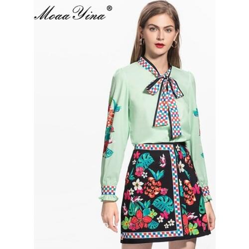 MoaaYina Fashion Designer Autumn Skirts Set Elegant Green Long sleeve Shirts and Black Floral print Skirts 2 Pieces Suit