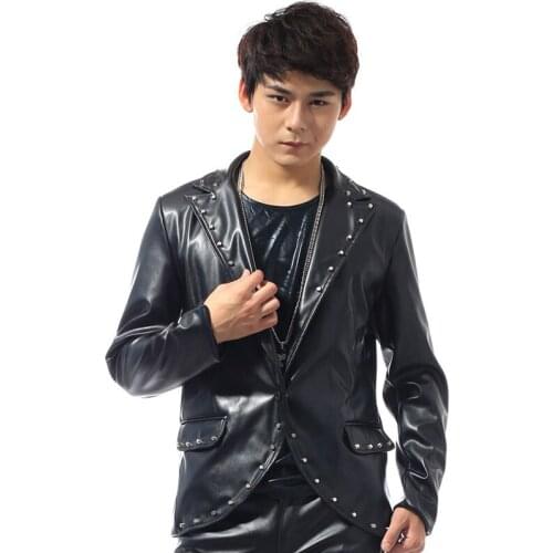 Stage Costumes Mens Leather Slim Leather Jacket Male Singer Performance Coat Nightclub Dj Jazz Performance Clothing DNV12412