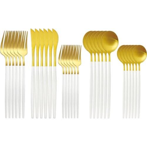 30Pcs White Gold Cutlery Set Knife Dessert Fork Spoon Dinner Tableware Set Stainless Steel Dinnerware Set Kitchen Silverware Set