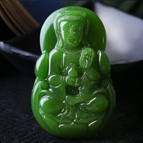 Natural Green Jade Hand-carved Chinese Hetian Jasper Carving Guanyin Kwan-yin Bodhisattva Pendant+ Rope Necklace