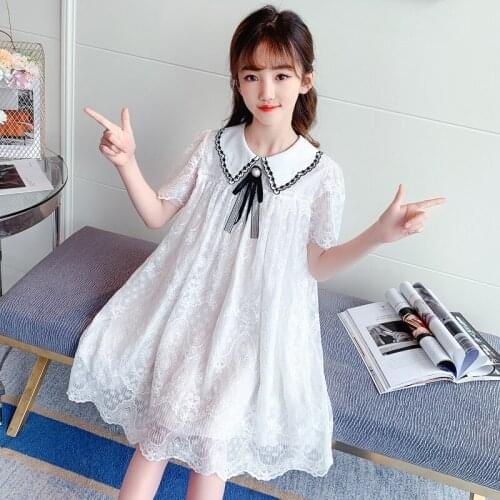 New girls' dresses in summer, big childrens Korean version with short sleeves and lace princess dress in summer