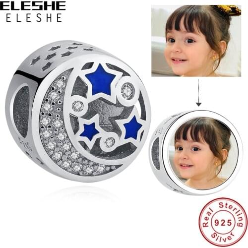 New Original 925 Sterling Silver Bead Charm Blue Enamel Moon Star Forever Love Charm Fit Bracelet Customize Photo DIY Jew