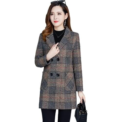 Autumn Winter Blended Wool Coat Woman Plaid Jacket Mid-Long Slim Coats Jackets Ladies Double Breasted Elegant Woolen Outerwear