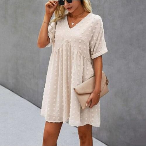 Elegant Casual Womens Dresses for Women 2021 Short Sleeve Summer Chiffon Mini Dress Fashion Polka Dot Loose V-Neck Robe Femme