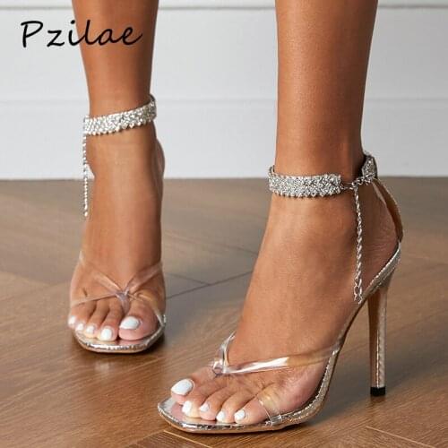 Pzilae Summer New Gold Silver Snake Pattern Women Sandals Sexy Square Toe High Heels Rhinestone Strap Party Shoes Big Size 35-42