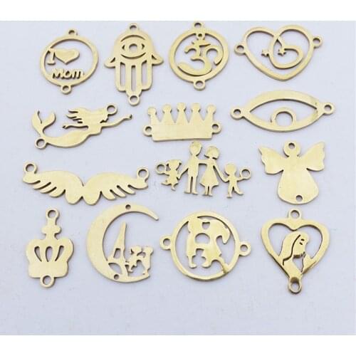 Real Gold Plating Stainless Steel Connectors Evil Eye Hand Yoga Mermaid Crown Virgin Mary Jewelry Making Findings 50pcs/lot Mix