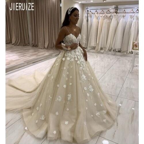 JIERUIZE New Country Backless Wedding Dresses Spaghetti Straps 3D Appliques Light Champagne Boho Wedding Gowns Vestido de novia
