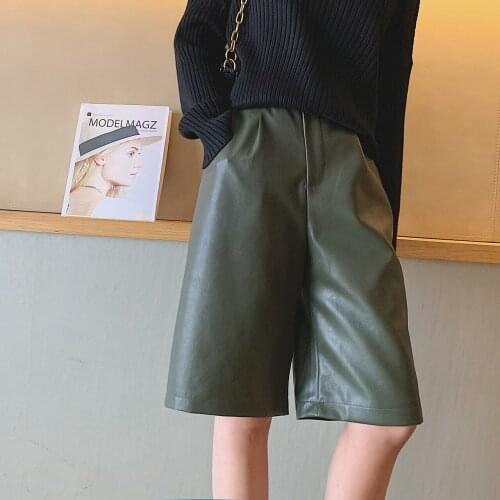 2021 Womens Wide Loose Oversize Patchwork Faux Pu Leather Capris Pants Autumn Winter Female Korean Casual Green Vintage Shorts