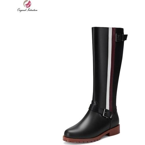 Original Intention Fashion Women Mid-Calf Leather Vertical Stripes Boots Black Low Heels Boots Round Toe Shoes Woman Size 4-13