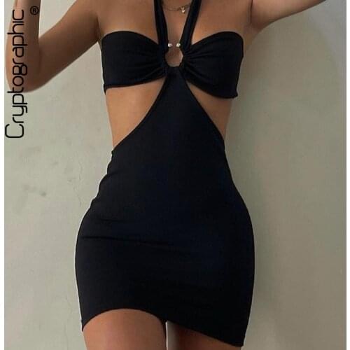 Cryptographic Halter Strapless Sexy Backless Cut Out Mini Dress for Women Party Birthday Outfit Sleeveless Dresses Bodycon
