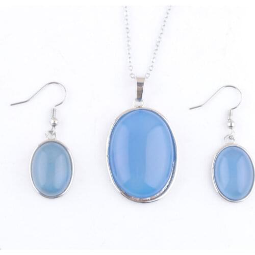 2 Sets Pendants Dangle Earrings Necklace Jewelry Set Oval Natural Stone Blue Agate Bead Reiki Jewelry Chain 45cm QQ3112
