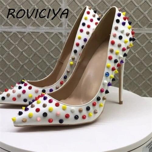 White Patent Leather 12cm High Heels Shoes Pointed Toe Women Pumps with Colourful Rivet Party Dress Stiletto MD029 ROVICIYA