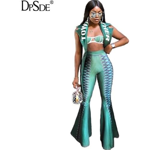 DPSDE Green Zipper Print Streetwear Casual 2 Pieces Set New Sleeveless Long Women Top Autumn Tall Waist Bodycon Flared Trousers