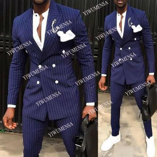 YIWUMENSA Blue Striped Double Breasted Jacket With Pants 2 Pcs Groom Wear Blazers Custom Made Slim Fit Notch Lapel Prom Tuxedos