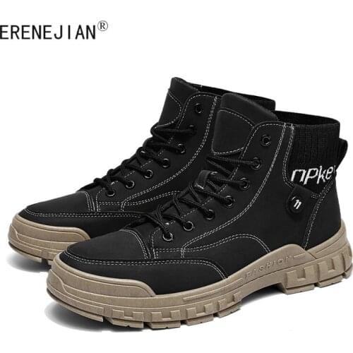 ERENEJIAN Mens Autumn Winter Ankle Martin Boots Outdoor High Top Tooling Shoes Lace Up Breathable Leather Footwear