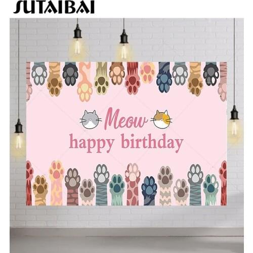 Cute Cat Photography Backdrop Lets Party Happy Birthday Decorations Girls Supplies Photo Studio Props Background Banner
