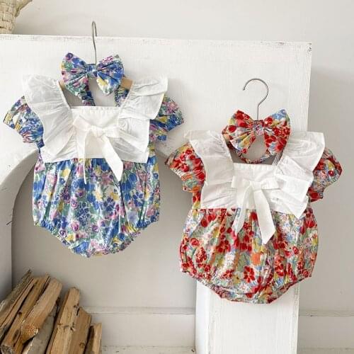 Korean Style Floral Printing Toddler Baby Girl Romper Infant Baby Girls Jumpsuit Cotton Short Sleeve Summer Baby Girls Clothes