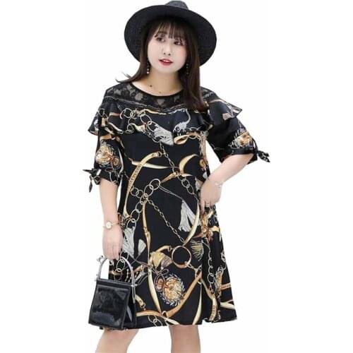 Plus size 3XL-8XL Lace Splice Chiffon Summer Dress Women 2019 Fashion Print Ruffle Short sleeve Dress Female Elegant Vestido G75